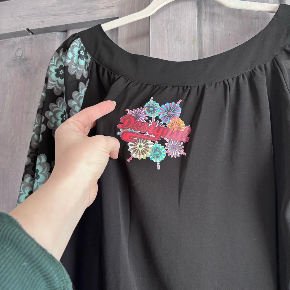 DESIGUAL Black Drop Waist‎ Flowy Dress Printed sleeves Size M - Picture 14 of 14